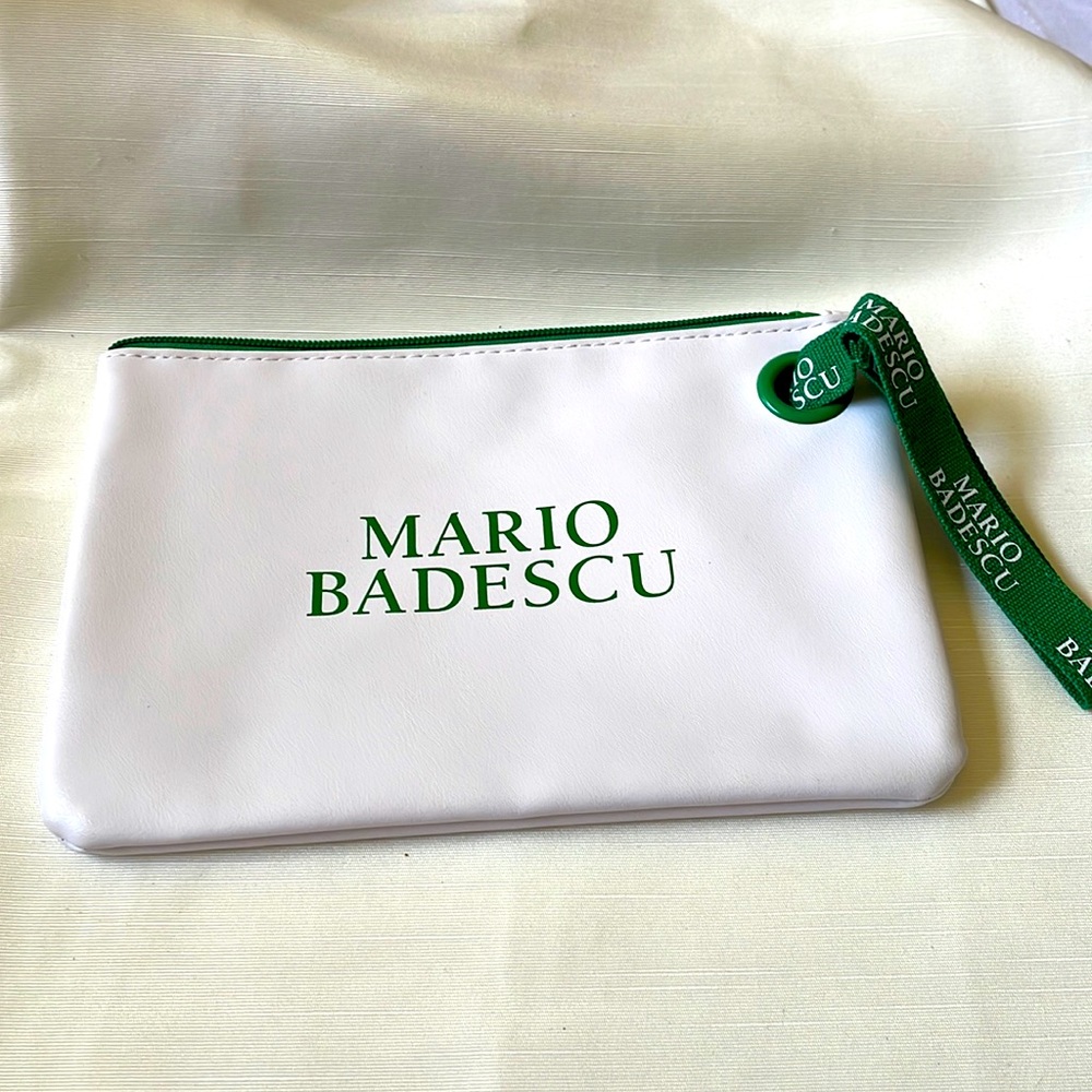 Mario Badescu cosmetic makeup bag white and green wristlet handle